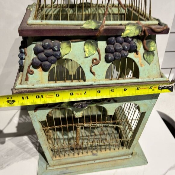 Victorias Vintage And Antiques Metal Wood Grapes Design Bird Cage Light Green OS - Picture 4 of 14